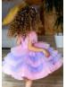 Sequin Pink Violet Layered Tulle Flower Girl Dress With Feather